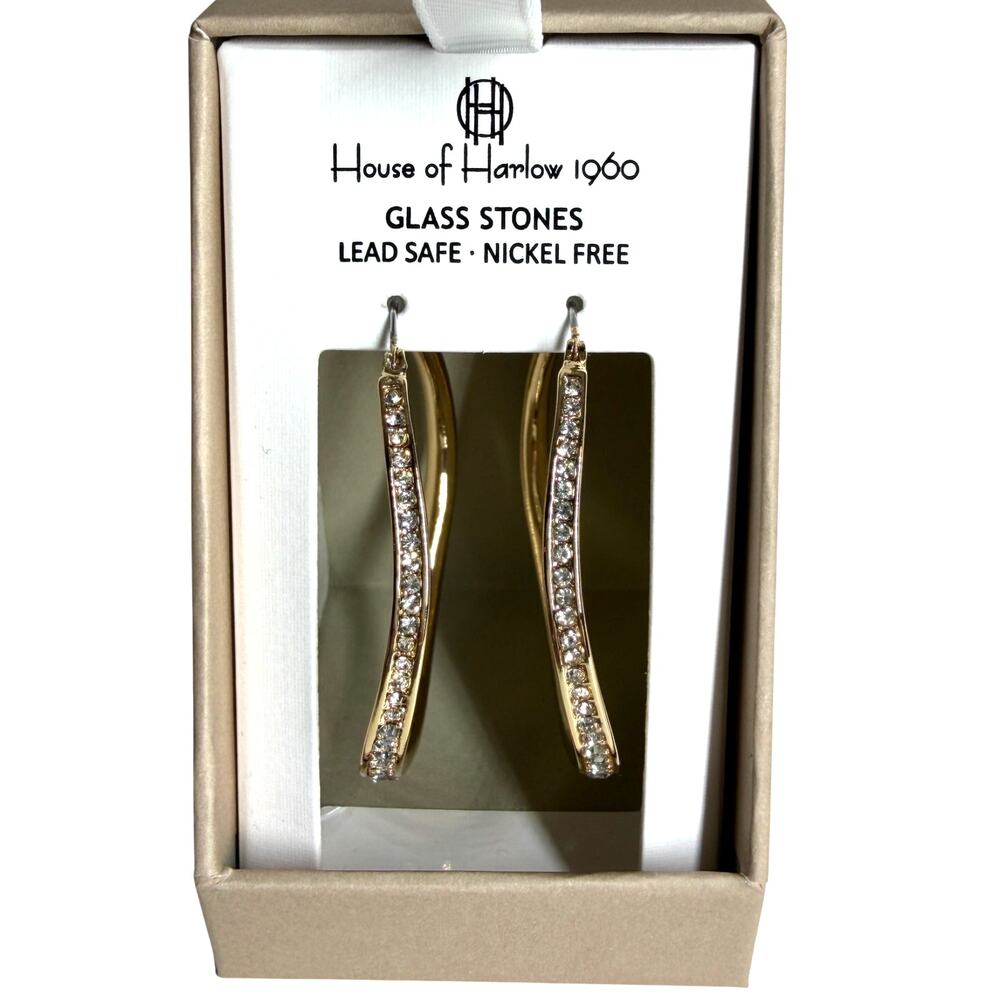 House of Harlow 1960 Gold Wave Pavé Glass Stone Hoop Earrings (NIB)